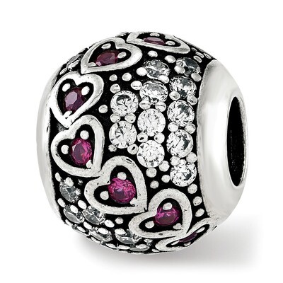 CZ &amp; Red Corundum Hearts Bead Sterling Silver QRS3850, MPN: QRS3850,