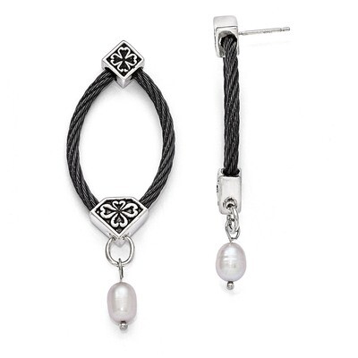 Edward Mirell Black Titanium &amp; Sterling Silver FW Cultured Pearl Cable Drop Earrings EME101 by Edwa…