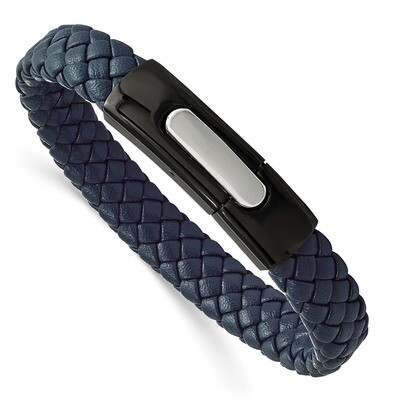 Black IP-plated Blue Braided Leather 8 Inch Bracelet Stainless Steel Polished SRB2188-8 by Chisel, …