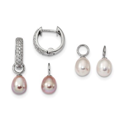 7-8mm White Pink Cultured Freshwater Pearl CZ Diamond Changeable Earring Sterling Silver Rhodium-pl…