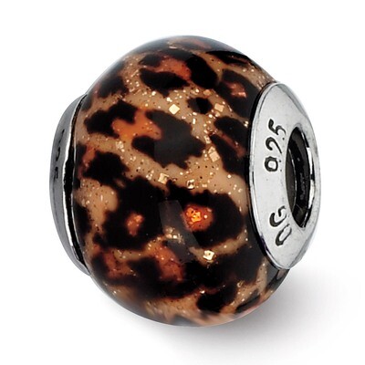 Brown Jaguar Glitter Overlay Glass Bead - Sterling Silver QRS2268, MPN: QRS2268, 883957513591