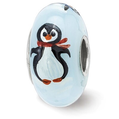 Penguin Frolic Fenton Glass Bead Sterling Silver Hand Painted QRS3897, MPN: QRS3897, 19727658937