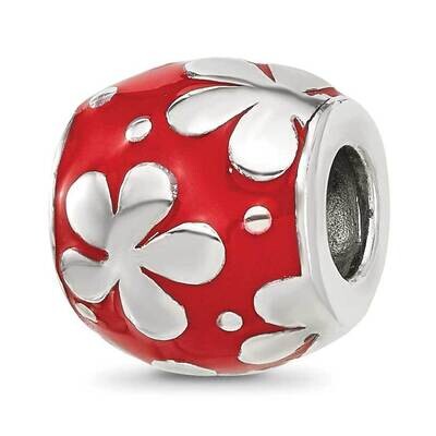 Red Enameled Round Floral Bead Sterling Silver QRS4342, MPN: QRS4342,