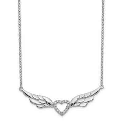 Heart with Wings with 1 inch Extender Necklace Sterling Silver Rhodium-plated CZ Diamond QG5406-16,…
