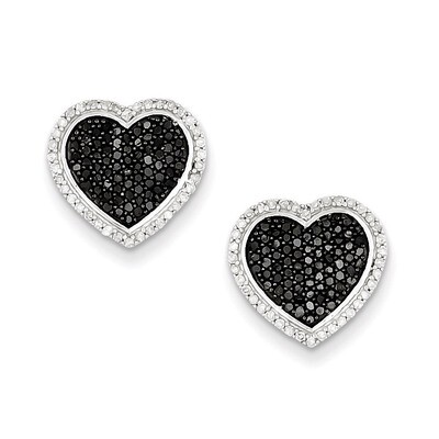 Black and White Diamond Heart Post Earrings Sterling Silver QE10823, MPN: QE10823, 883957026190