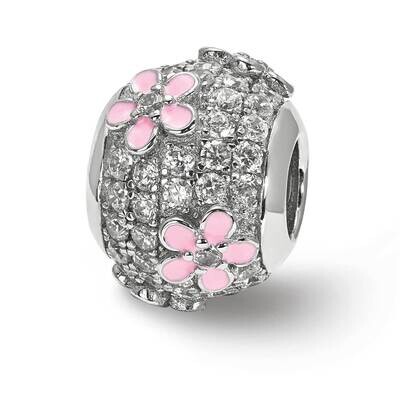 CZ Diamond Bead with Pink Enameled Flowers Sterling Silver QRS3967, MPN: QRS3967,