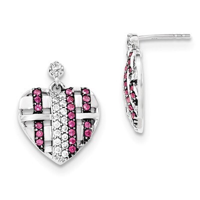 Synthetic Ruby &amp; CZ Heart Dangle Post Earrings Sterling Silver QE12517