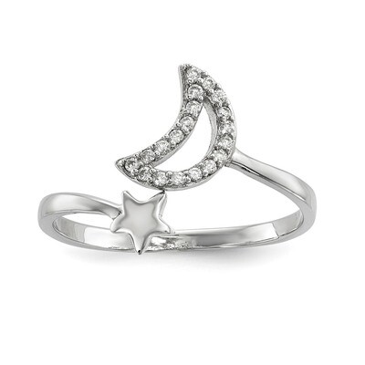 CZ Diamond Moon and Star Ring Sterling Silver Rhodium-plated QR6693, MPN: QR6693, 191101920332