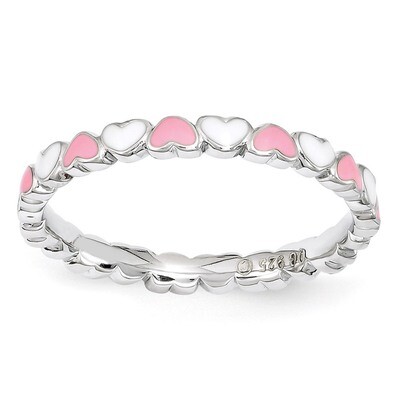 Pink &amp; White Enamel Heart Ring - Sterling Silver QSK1496, MPN: QSK1496, 886774205205
