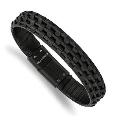 Black Ip Leather and Wire Bracelet Stainless Steel Brushed and Polished SRB2444-8.25, MPN: SRB2444-…