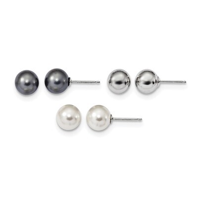 8-9mm White Black Shell Pearl Post 3 Earring Set Sterling Silver Rhodium QE13840SET, MPN: QE13840SE…