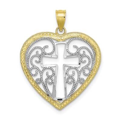Cut-Out Beaded Filigree Heart with Cross Charm 10k Gold with Rhodium 10K9411, MPN: 10K9411,