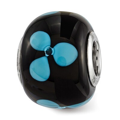 Blue Floral Black Glass Bead Sterling Silver QRS3835, MPN: QRS3835,