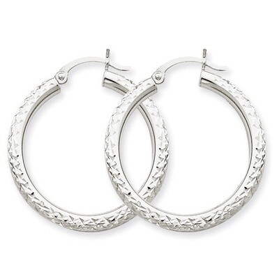 Diamond-cut 3mm Round Hoop Earrings 10k White Gold 10TC252, MPN: 10TC252, 883957896502