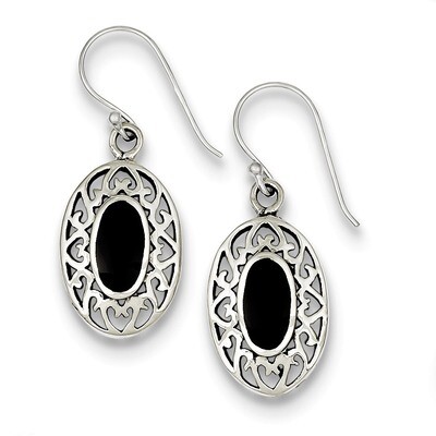 Oval Onyx Shepherd Hook Antiqued Earrings Sterling Silver QE9387, MPN: QE9387, 883957525983