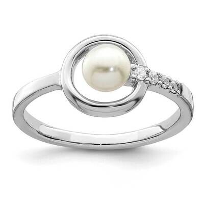 5-6mm Button Freshwater Cultured Pearl in Circle Ring Sterling Silver Rhodium-plated CZ Diamond QR6…