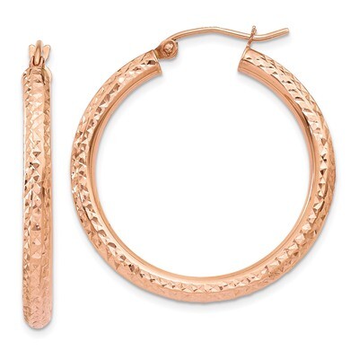 Diamond -cut 3mm Round Hoop Earrings 14k Rose Gold TF823, MPN: TF823, 191101368066