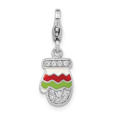 CZ Diamond Enameled Mitten with Lobster Clasp Charm Sterling Silver Rhodium-Plated QCC1257, MPN: QC…