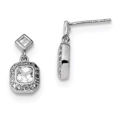 CZ Diamond Square Halo Post Dangle Earrings Sterling Silver Rhodium-plated QE13773, MPN: QE13773, 8…