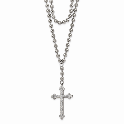 Cross Crystal Two Bead Chain Necklace Stainless Steel Polished SRN2004-16 by Chisel, MPN: SRN2004-1…