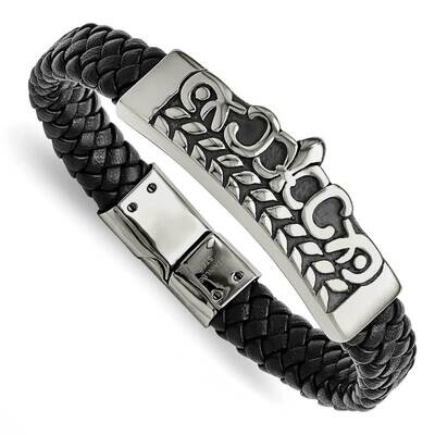 Fleur de Lis Black Leather Bracelet Stainless Steel Antiqued SRB1473-8.25 by Chisel, MPN: SRB1473-8…