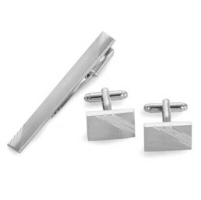 Satin Finish Striped Design Cufflink/Tie Bar Set Rhodium-plated GM21324, MPN: GM21324, 797140011989