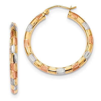 Yellow Gold with White &amp; Rose Polished Satin &amp; Diamond -cut Hoop Earrings 14k Gold &amp; Rhodium TF1020…