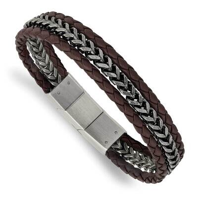 Brushed Brown Leather with .5 Inch Extender Bracelet Stainless Steel Antiqued SRB3013-8.25, MPN: SR…