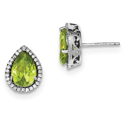 Simulated Peridot &amp; CZ Diamond Post Earrings Sterling Silver Rhodium Polished QE12637AUG, MPN: QE12…