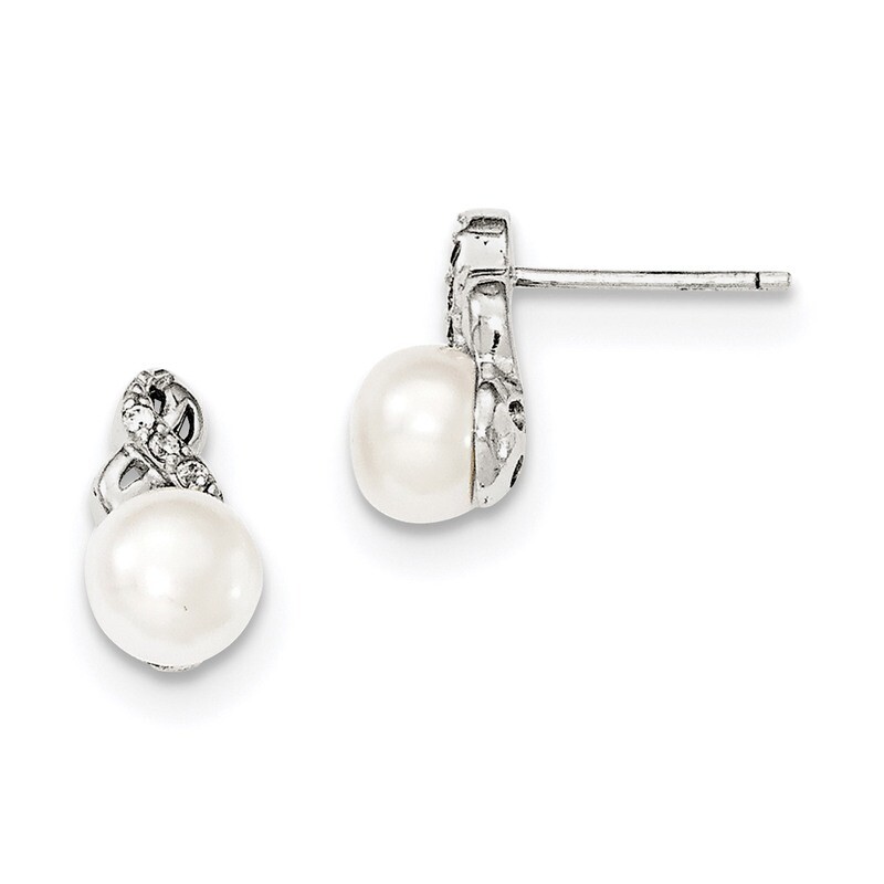 6-7mm White Cultured Freshwater Pearl CZ Diamond Post Earrings Sterling Silver Rhodium-plated QE128…