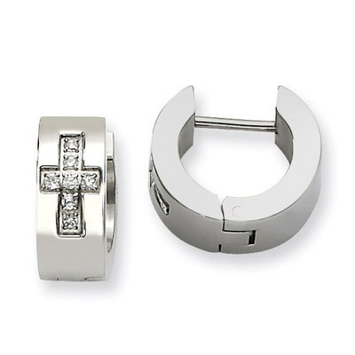 Synthetic Diamond Cross Brushed &amp; Polished Hinged Hoop Earrings - Stainless Steel SRE349 by Chisel,…