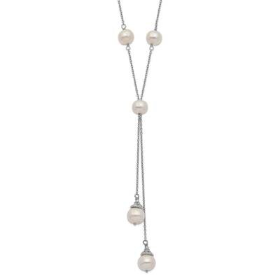White Cultured Freshwater Pearl 9 Station 2 Drop 2 Inch Extender Necklace Sterling Silver Rhodium-p…