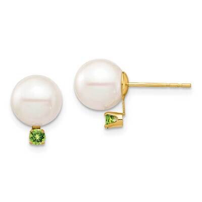 8-8.5mm White Round Freshwater Cultured Pearl Peridot Post Earrings 14k Gold XF754E_PE, MPN: XF754E…