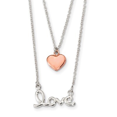 Rose-tone Love &amp; Heart Necklace 18 Inch Sterling Silver QG4375-18, MPN: QG4375-18, 883957962283