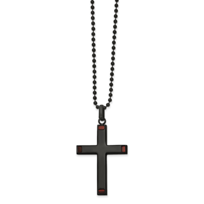 Black IP-plated with Tiger&#39;s Eye Cross 22 Inch Neckla Stainless Steel Polished SRN2619-22 by Chisel…