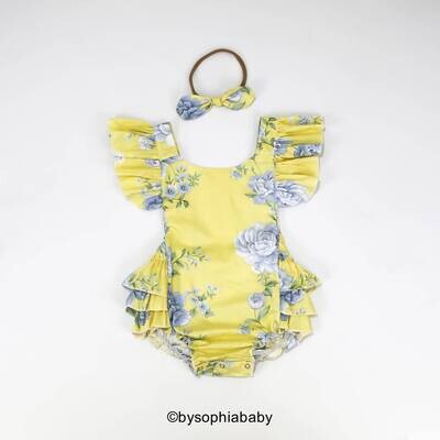 Baby Romper Baby Romper and Headband Yellow Floral Baby Romper set Cotton Baby Romper Tea Party Rom…
