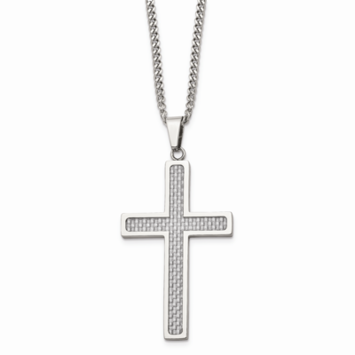 Grey Carbon Fiber Inlay Large Cross 20 Inch Necklace Stainless Steel Polished SRN1410-20 by Chisel,…