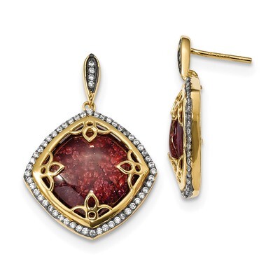 CZ Diamond and Cracked Red CZ Diamond Dangle Post Earrings Sterling Silver Gold-tone QE14001, MPN: …