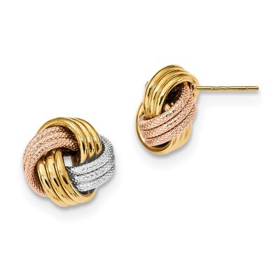 Yellow with White &amp; Rose Rhod Pol Textured Triple Love Knot Post Earrings 14k Gold &amp; Rhodium TL1063…