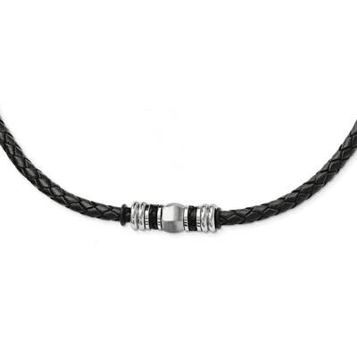 Brushed Black Leather &amp; Rubber Necklace Stainless Steel Polished SRN1574-19 by Chisel, MPN: SRN1574…