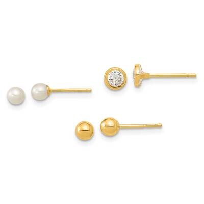 Set of Ball Post Pearl and CZ Diamond Bezel 3 Pair Earrings Set 14k Gold Polished YE1969SET, MPN: Y…