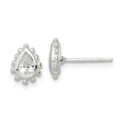 Beaded Edge Pear CZ Diamond Post Earrings Sterling Silver QE16123, MPN: QE16123, 196904169674