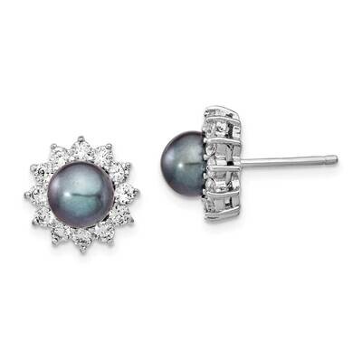 CZ Diamond &amp; FWC Black Pearl Stud Post Earrings Sterling Silver Rhodium-plated QCM1414, MPN: QCM141…