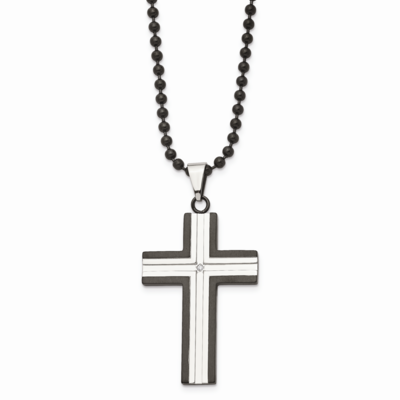 IP Black-plated CZ Stone Stone Cross Pendant Necklace Stainless Steel SRN863-30 by Chisel, MPN: SRN…