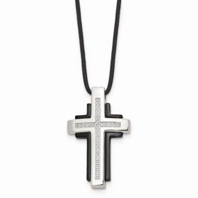 IP Black-plated &amp; CZ Stone Stone Cross Pendant Necklace Stainless Steel SRN860-18 by Chisel, MPN: S…