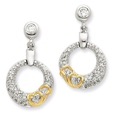 CZ Open Circle with Gold-Plated Hearts Post Dangle Earrings Sterling Silver QE7351