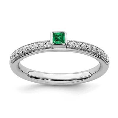 Created Emerald &amp; Diamond Ring Sterling Silver QSK2140, MPN: QSK2140, 191101211775