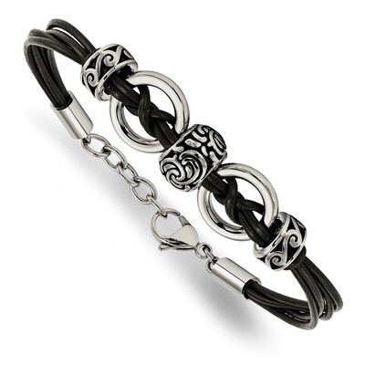 Black Leather with Antiqued Beads 8.25 Inch with Extender Bracelet Stainless Steel SRB1032-8.25 by …