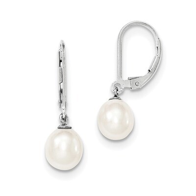 7-8mm White Cultured Freshwater Pearl Leverback Earrings Sterling Silver Rhodium-plated QE12781, MP…