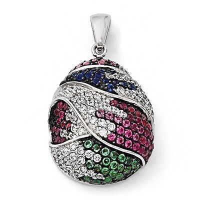 Black Rhodium Blue-Grn GlaLt &amp; Drk Synth. Ruby &amp; CZ Pendant Sterling Silver QP3996